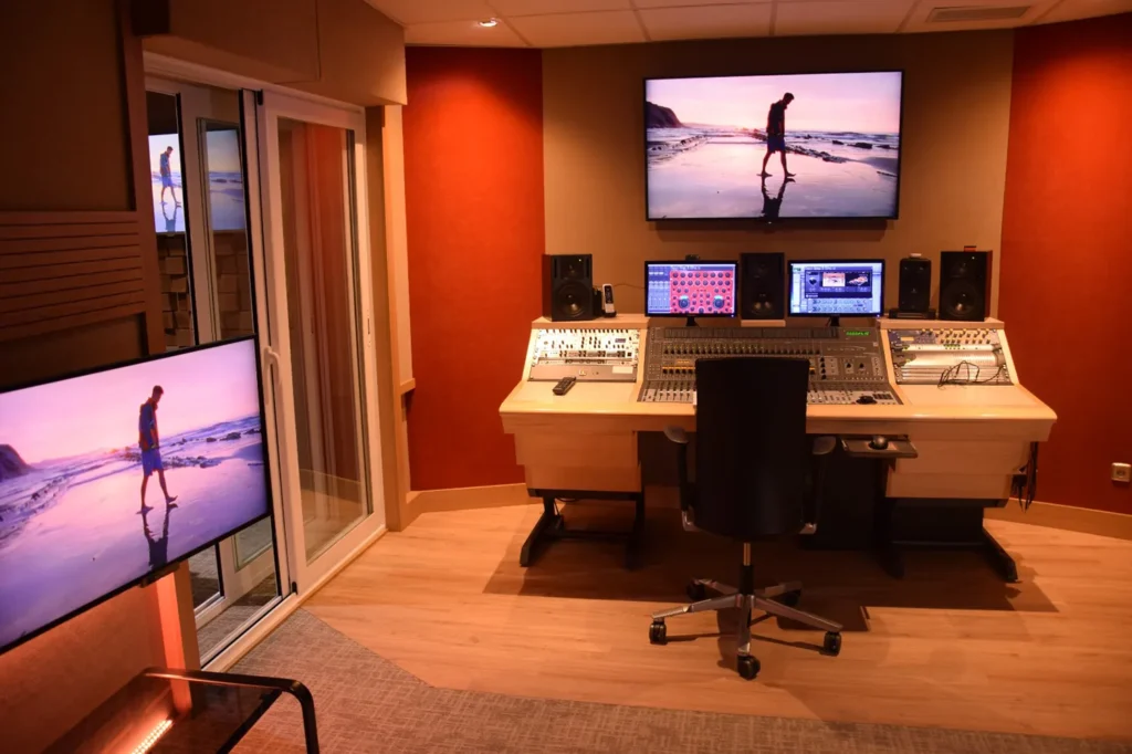 Sala de control insonorizada con mesa de mezclas, doble pantalla de tv y altavoces